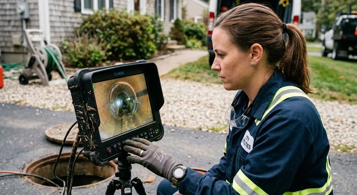 Technician reviewing sewer camera inspection footage in Annandale