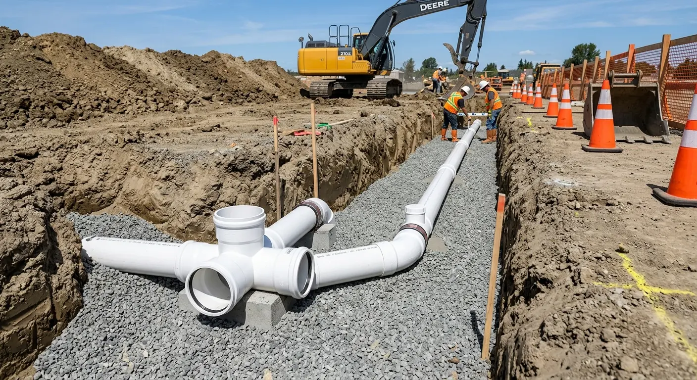 New PVC sewer pipe installation in open trench for Sewer Backup in Annandale