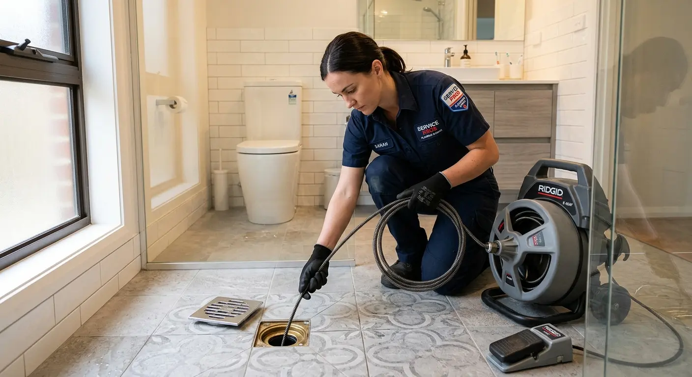Technician clearing a bathroom floor drain for Clogged Drain Repair in Annandale